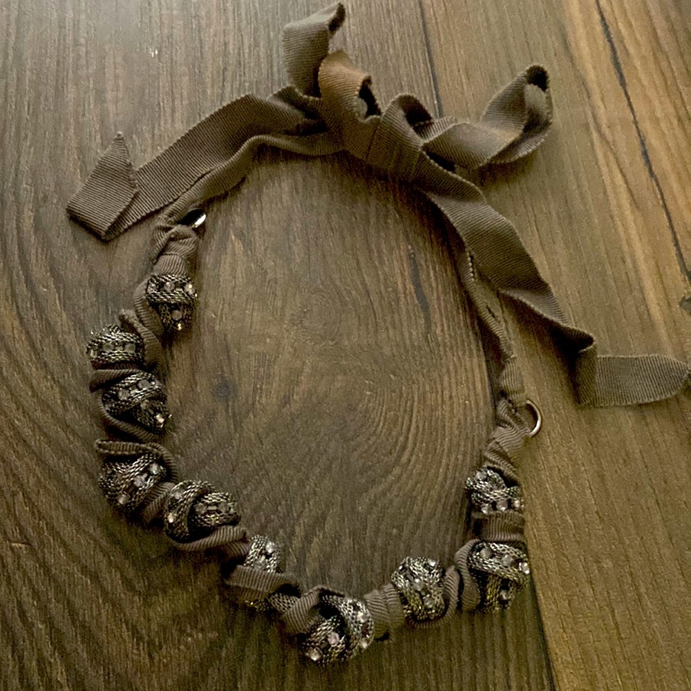 J. Crew Necklace Dark Grey Satin Ribbon Metal Mesh Rhinestone Knotted